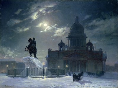 上院広場、サンクトペテルブルク、1870年のピーター大王の記念碑の眺め 作： Vasilij Ivanovic Surikov